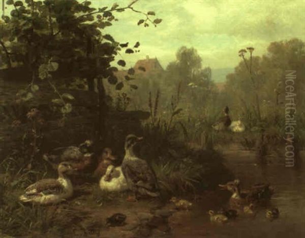 Entenschwarm Auf Einem Bachlauf Oil Painting by Carl Jutz the Elder