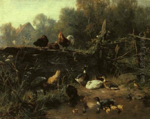 H_hner Und Enten An Einem Teich Oil Painting by Carl Jutz the Elder