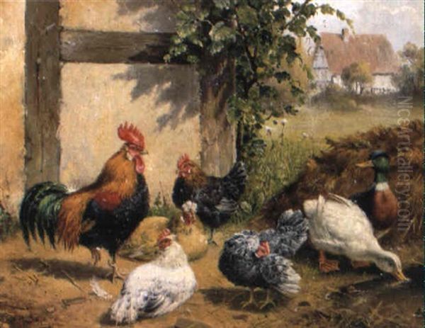 H_hner, Hahn Und Enten Auf Dem Hof Oil Painting by Carl Jutz the Elder