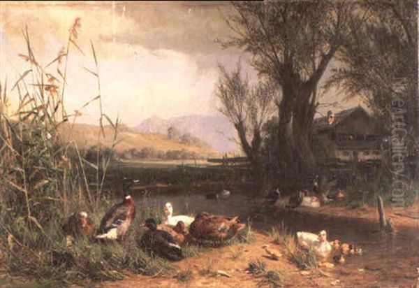 Ducks By A River In A Country Landscape Oil Painting by Carl Jutz the Elder