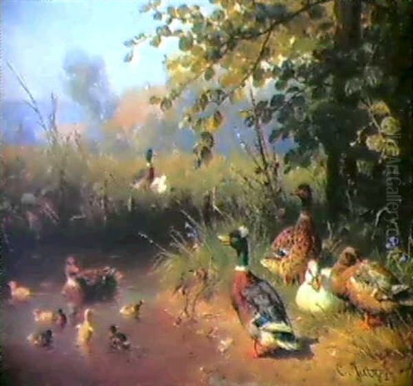 Ducks And Ducklings At A Pond & Chickens And     Chicks By A Straw Mound Oil Painting by Carl Jutz the Elder