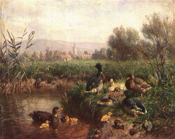 Ducks By A Pond Oil Painting by Carl Jutz the Elder