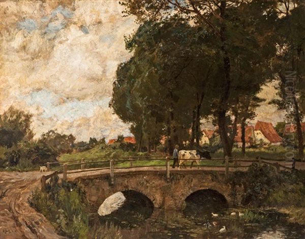 Die Alte Brucke (the Old Bridge) Oil Painting by Carl Jutz the Younger