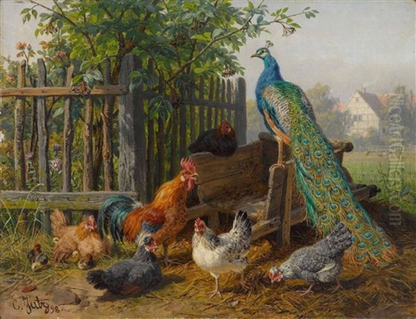 Federvieh Vor Einem Bauerngarten Oil Painting by Carl Jutz the Younger