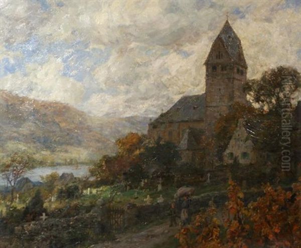 Village By The Rhine Oil Painting by Carl Jutz the Younger