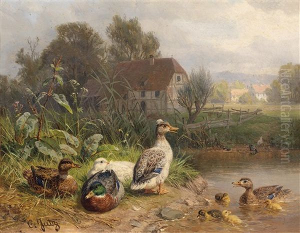 Enten Am Teich Oil Painting by Carl Jutz the Younger