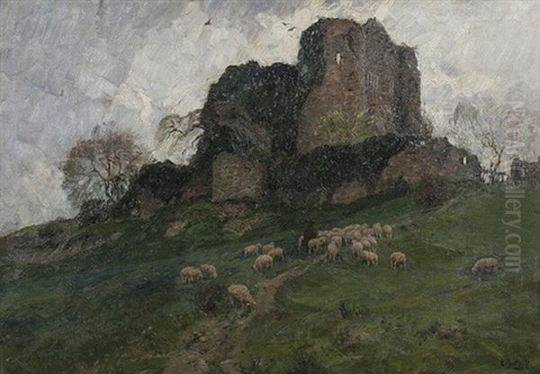 Hirte Mit Seiner Schafherde Bei Der Ruine Nothberg In Der Eifel Oil Painting by Carl Jutz the Younger