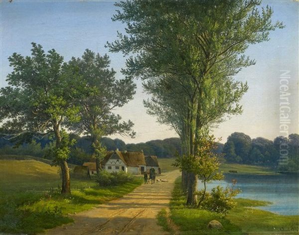 Danische Sommerlandschaft Mit Reitern Auf Der Landstrasse Oil Painting by Andreas Thomas Juuel