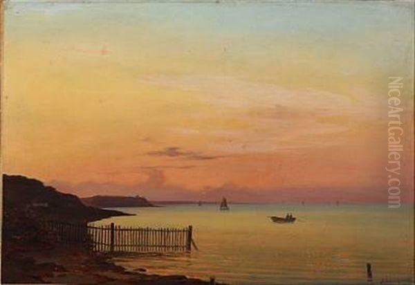 Coastal Scene With Numerous Sailboats Just After Sunset Oil Painting by Andreas Thomas Juuel