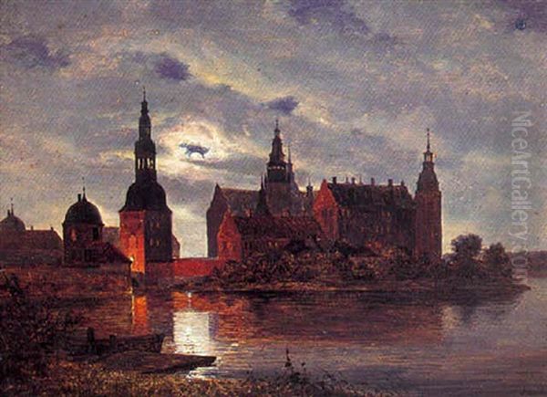 Frederiksborg Slot, Aftenstemning Oil Painting by Andreas Thomas Juuel