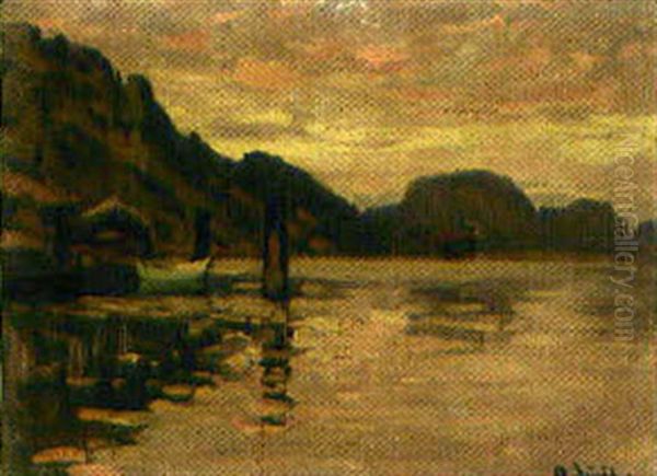 Kustlandskap I Solnedgang (+ Another, Similar; Pair) Oil Painting by Ole Juul