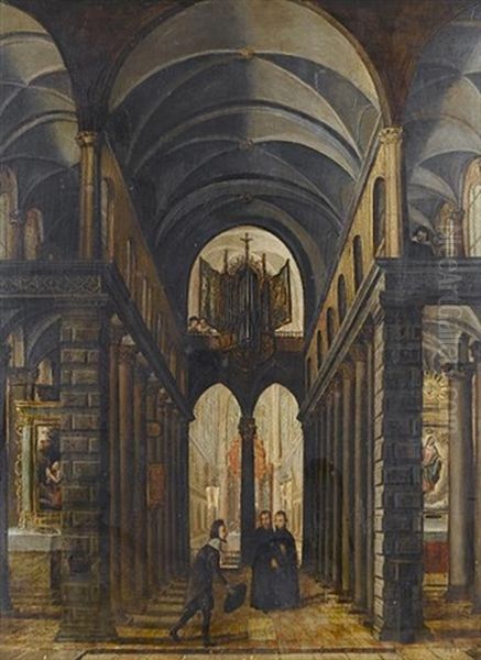 A Church Interior With An Elegant Gentleman Greeting Two Priests Oil Painting by Paul Juvenel the Elder