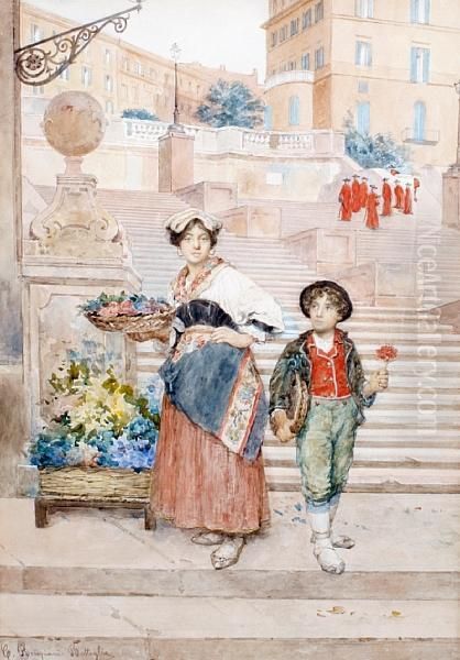 Flower Sellers By The Spanish Steps, Rome Oil Painting by Clelia Bompiani Battaglia