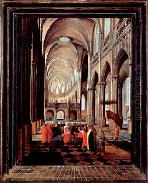 The Interior Of A Gothic Church With Christ And The Woman Taken In Adultery Oil Painting by Paul Juvenel the Elder