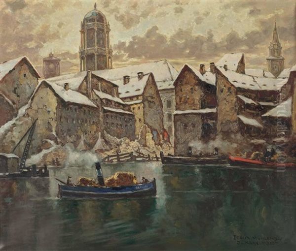 Muhlendamm, Berlin, Im Winter Oil Painting by Julius Von Kaan-Albest