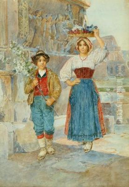 Flower Sellers In Forum Glache Oil Painting by Clelia Bompiani Battaglia