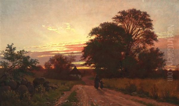 Twilight Landscape With Mother And Child Oil Painting by Ludvig Kabell