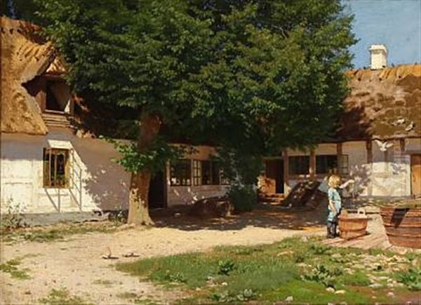 A Little Boy Playing In A Sunlit Courtyard Oil Painting by Ludvig Kabell