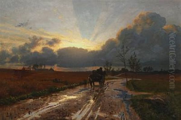 Horse Carriage On A Rainy Road, Evening Oil Painting by Ludvig Kabell