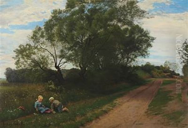 Landscape With Children Playing Oil Painting by Ludvig Kabell