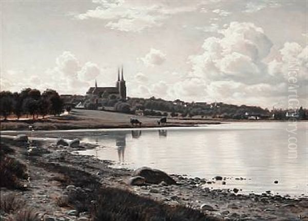 At Roskilde Fiord With The Cathedral In The Background Oil Painting by Ludvig Kabell