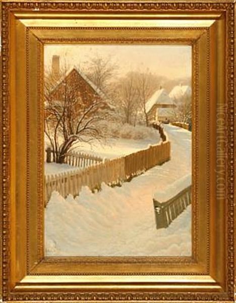 Winter Village Scene Oil Painting by Ludvig Kabell