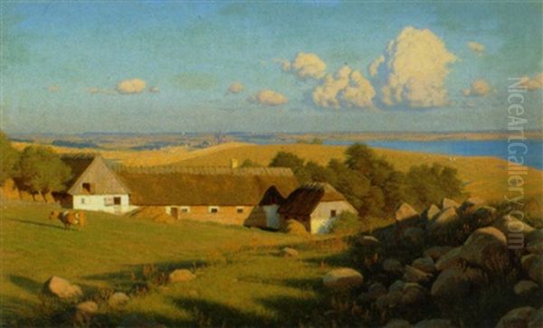 Vidtstrakt Landskab Fra Kallundborg Egnen Set Fra Trojelykkegarden. I Baggrunden Vor Frue Kirke I Kalundborg Oil Painting by Ludvig Kabell