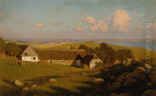 Figures Harvesting At A Sunlit Farmstead Before Kalundborg, Denmark Oil Painting by Ludvig Kabell