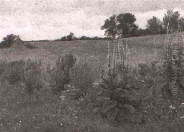 Landskab Med Gronne Marker Og Garde, I Forgrunden Vilde     Blomster Oil Painting by Ludvig Kabell