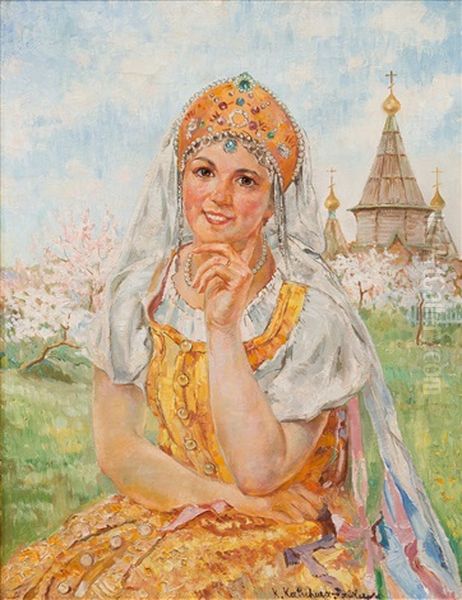 A Girl In Traditional Costume When The Apple Trees Blossom Oil Painting by Ekaterina Kachura-Falileeva