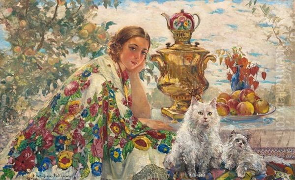 At The Samovar Oil Painting by Ekaterina Kachura-Falileeva