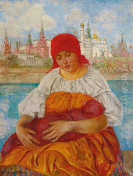 Mother And Child In Front Of Kremlin Oil Painting by Ekaterina Kachura-Falileeva