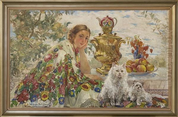 Young Woman With A Shawl, Cats And Samovar In The Garden (+ Portrait Of A Woman, Verso) Oil Painting by Ekaterina Kachura-Falileeva