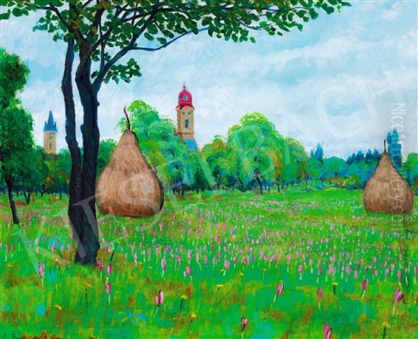 Pulsatilla Field Oil Painting by Geza Kadar