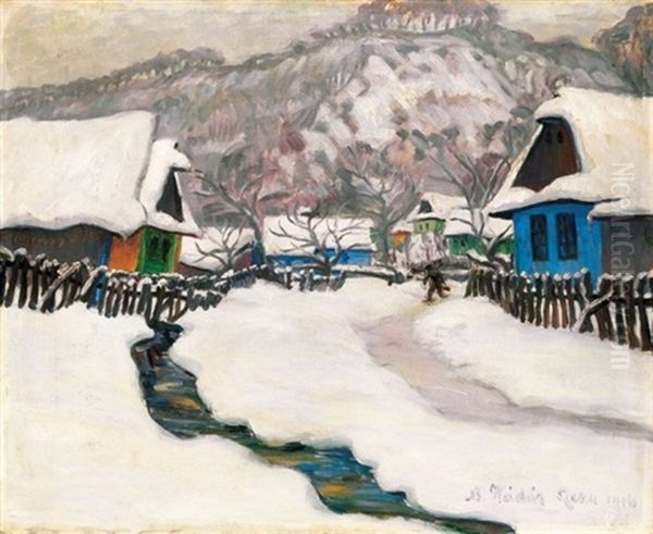 Tel Nagybanyan (winter In Nagybanya) Oil Painting by Geza Kadar