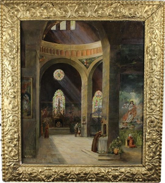 Elaborate Painting Of The Interior Of A Cathedral With Figures Oil Painting by Abdel Kader