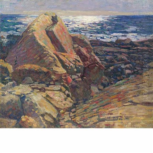 Large Rocks And Shining Sun On The Water Oil Painting by Charles Salis Kaelin