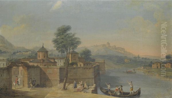 A Capriccio View Of A Walled Town With Elegant Figures On The River Oil Painting by Francesco Battaglioli