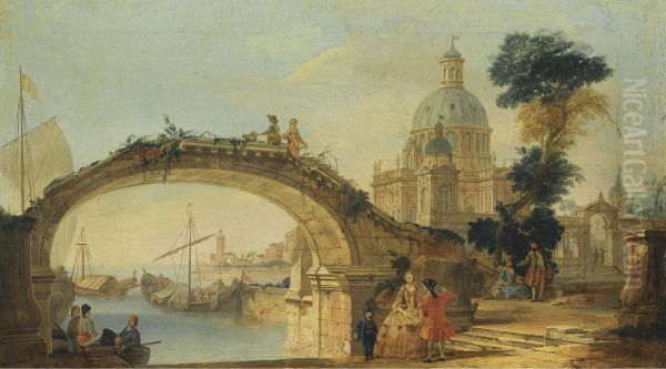 A Capriccio View With A Footbridge Over A River, A Large Cathedral In The Background Oil Painting by Francesco Battaglioli