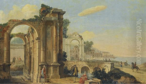 A Capriccio Coastal Landscape With Figures Beneath Ruins Oil Painting by Francesco Battaglioli