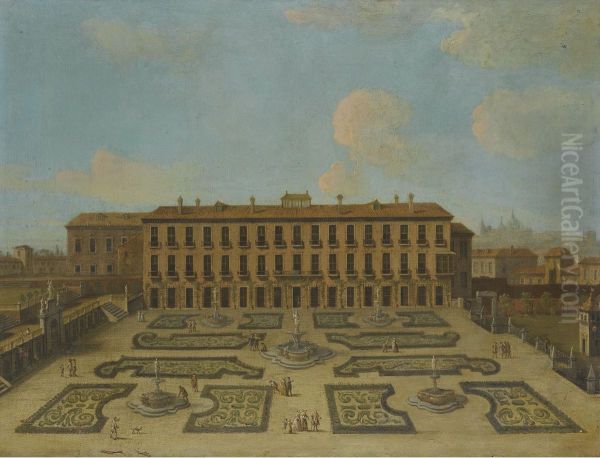 View Of A Palace, Possibly The Palacio Riofrio In Segovia, With Figures Promenading In The Formal Gardens Oil Painting by Francesco Battaglioli