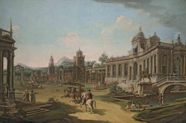 Andfrancesco Fontebasso Capriccio Of A Palace Complex With A Horse-drawn Carriage Andcavalry In Eastern Dress, Mountains Oil Painting by Francesco Battaglioli