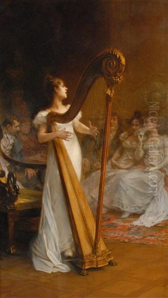 Young Woman Playing Harp Oil Painting by Frederik Hendrik Kaemmerer