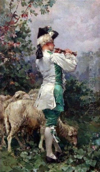 Pipe-playing Shepherd Boy And Sheep Oil Painting by Frederik Hendrik Kaemmerer