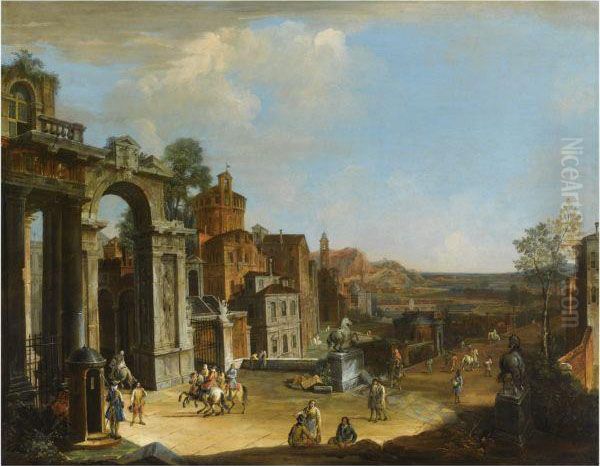 Capriccio Architettonico Con Citta Di Fantasia Oil Painting by Francesco Battaglioli