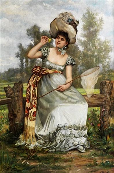 Junge Dame Beim Schmetterlingfangen Oil Painting by Frederik Hendrik Kaemmerer