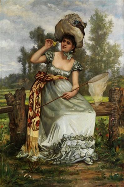 Junge Dame Beim Schmetterlingsfang Oil Painting by Frederik Hendrik Kaemmerer