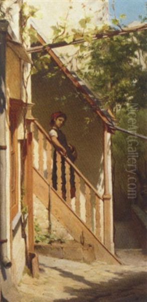 A Girl Posing On A Staircase Oil Painting by Frederik Hendrik Kaemmerer