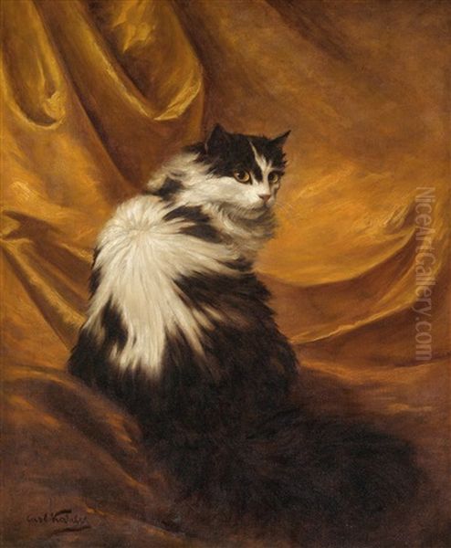 Schwarzweise Katze Vor Rotem Vorhang Oil Painting by Carl Kahler