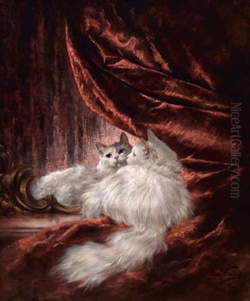 Portrait Of A White Cat, Seated Before A Mirror Oil Painting by Carl Kahler